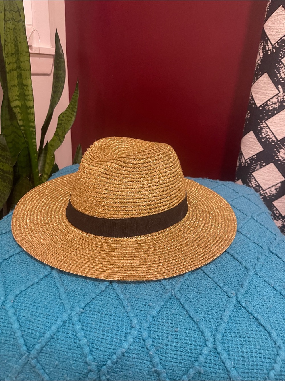 Straw Wide-Brim Fedora Hat with Black Band - Tan - Picture 2 of 9